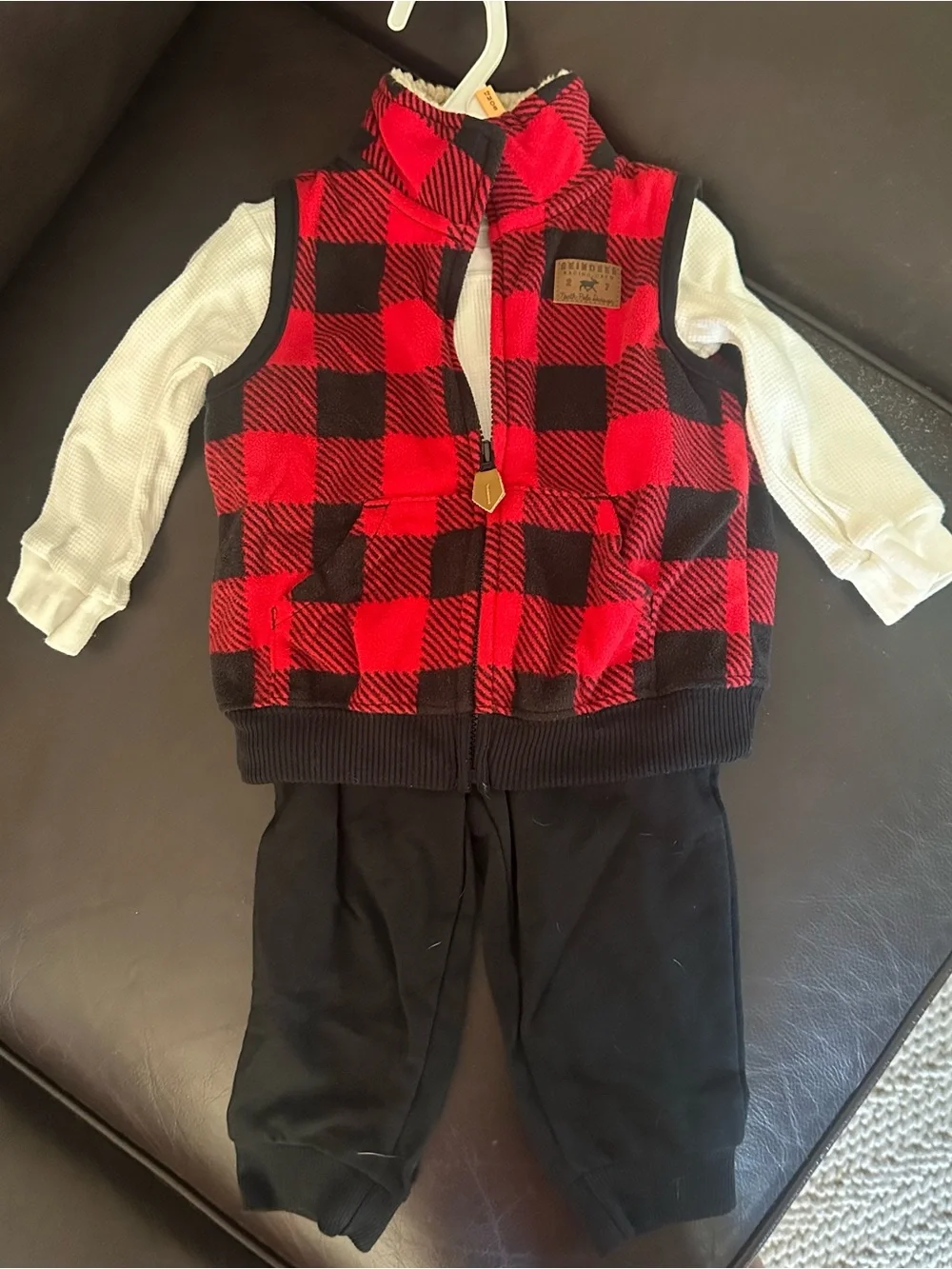 Carter's Red Buffalo Plaid Fleece Vest w coordinating top and pants, 12 mos